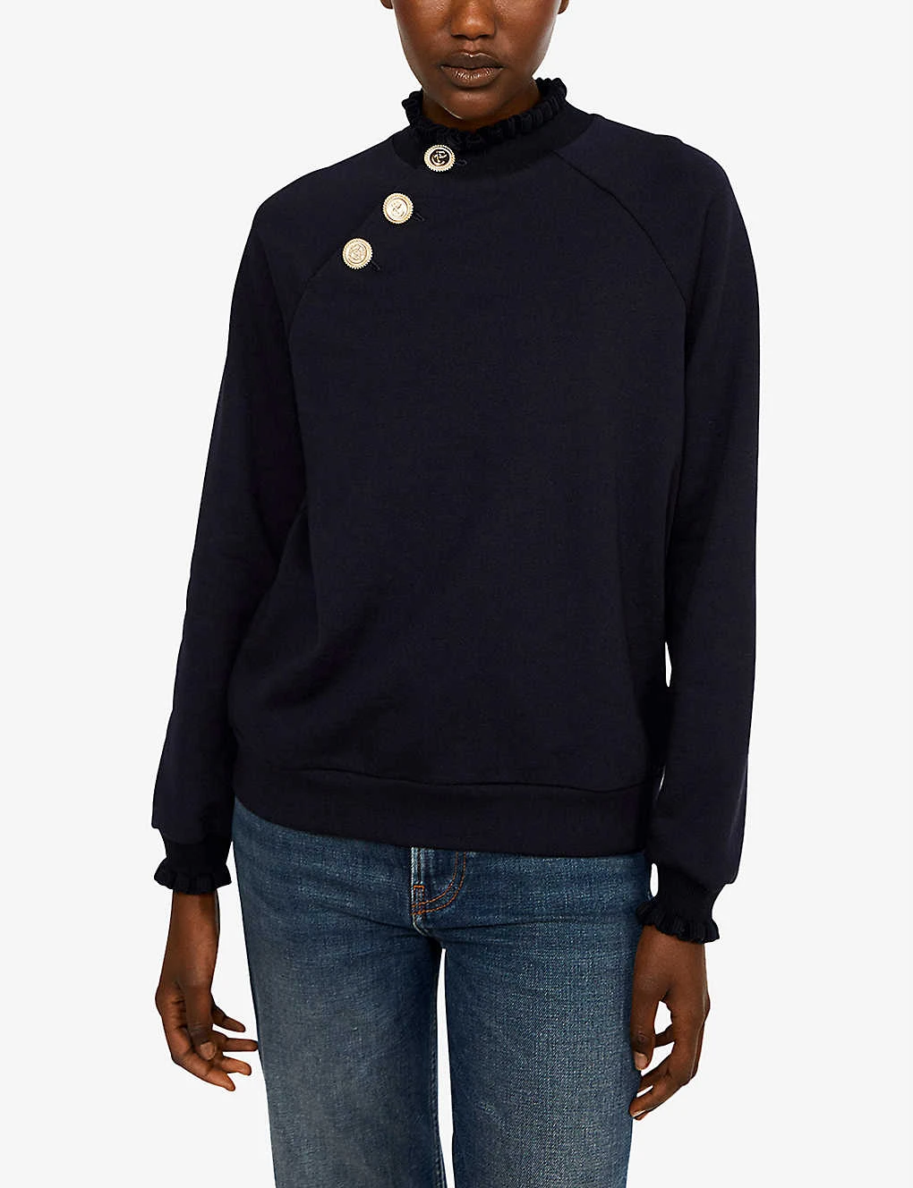 CLAUDIE PIERLOT Tape High-neck Buttoned Cotton-blend Sweatshirt - Image 2