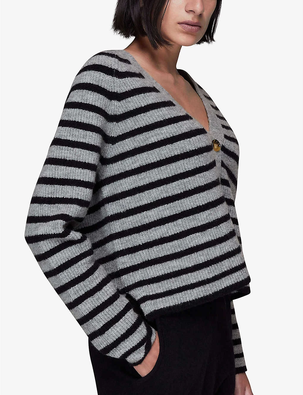 Whistles Striped V-neck Stretch-knit Cardigan - Image 3