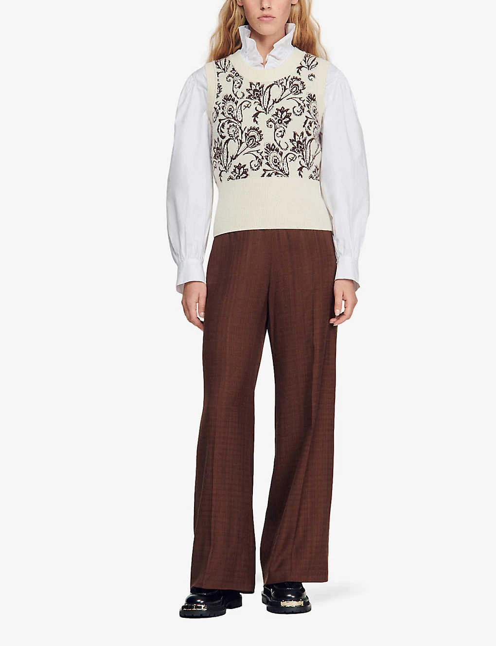 Sandro Brown Floral-jacquard Wool And Cashmere-knit Vest - Image 2
