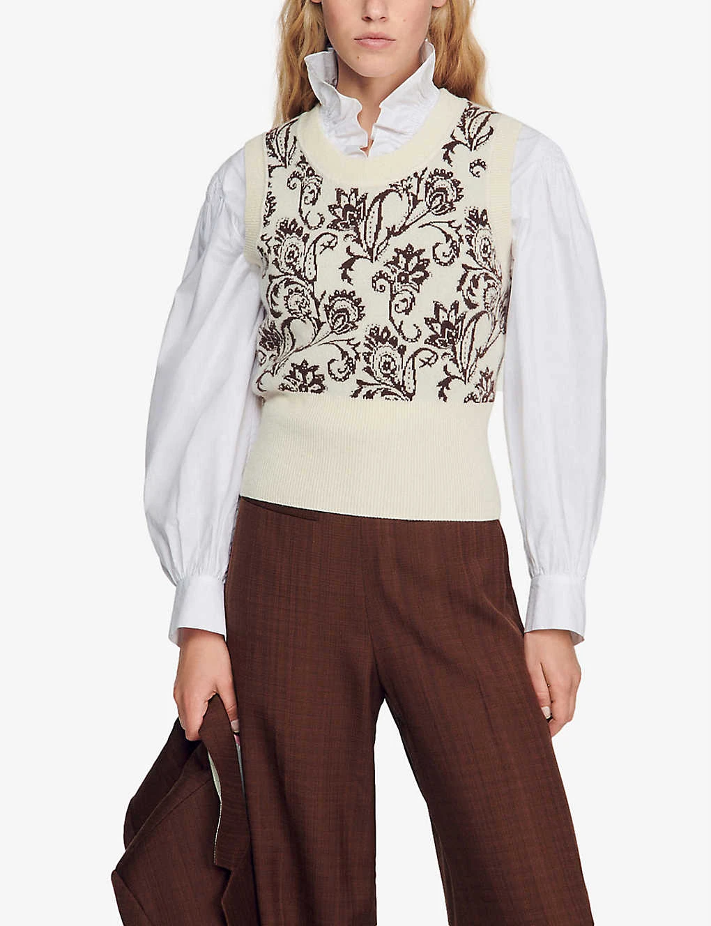 Sandro Brown Floral-jacquard Wool And Cashmere-knit Vest - Image 3