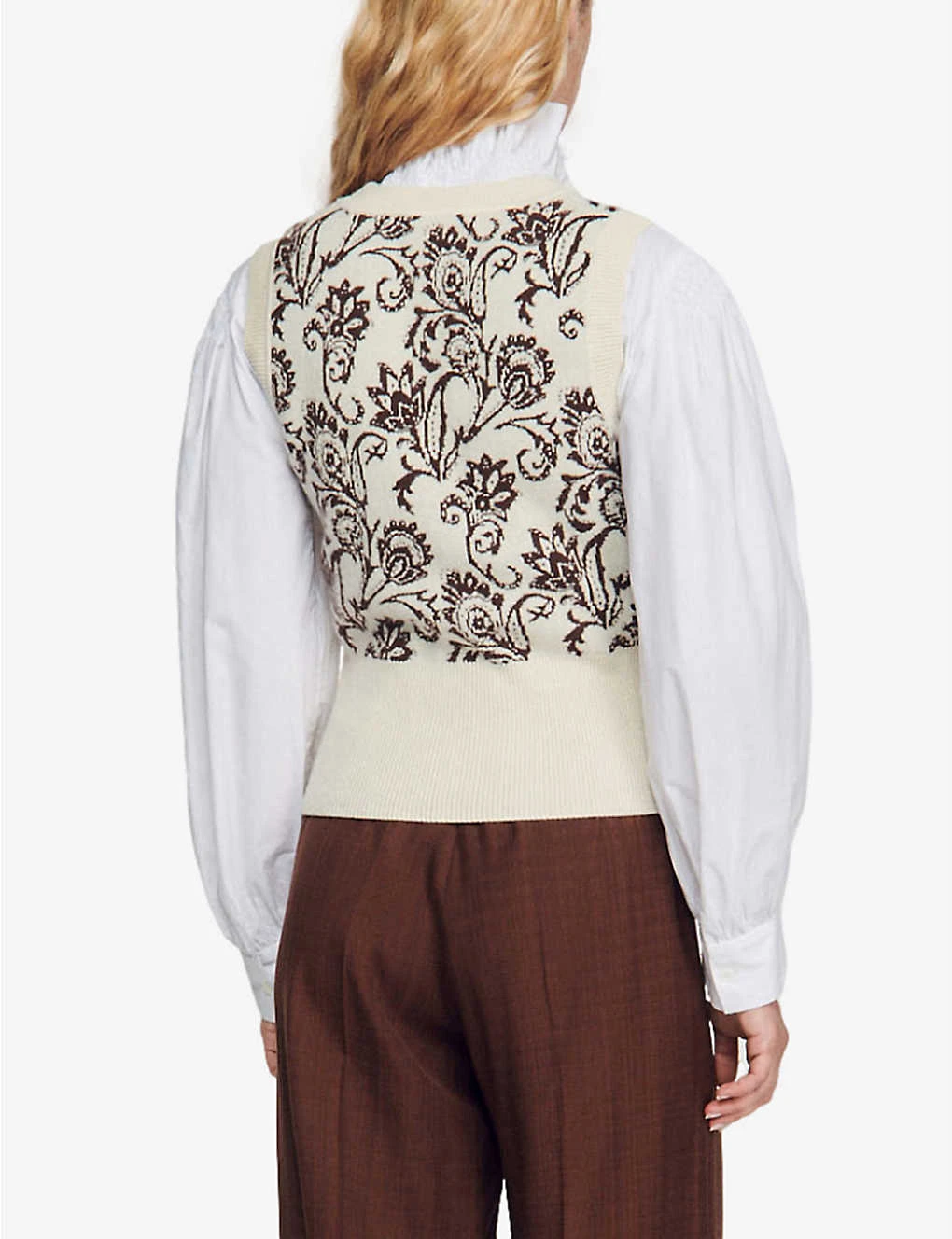 Sandro Brown Floral-jacquard Wool And Cashmere-knit Vest - Image 4