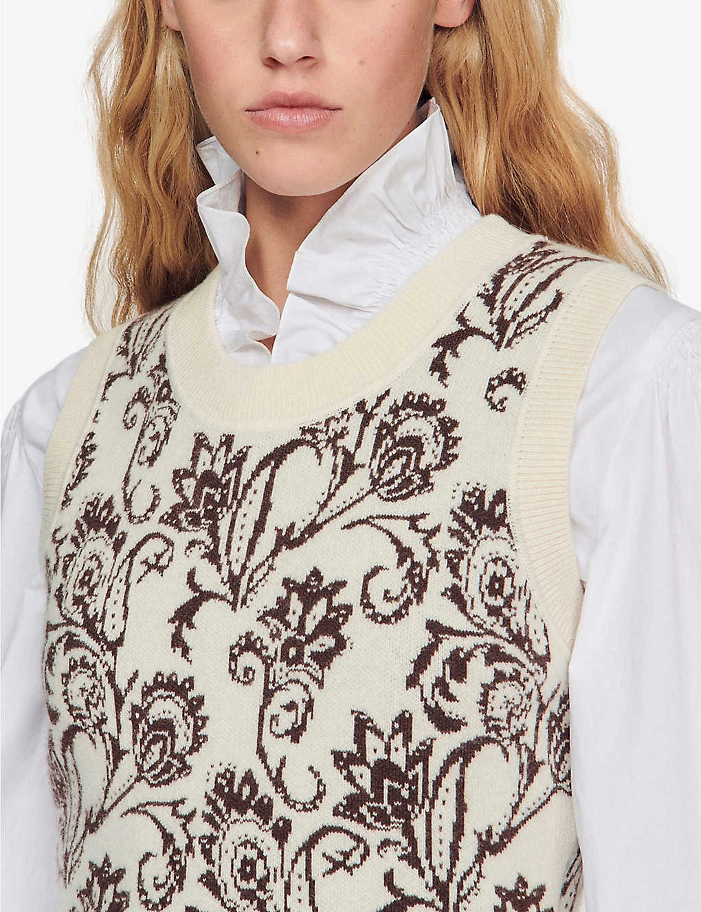 Sandro Brown Floral-jacquard Wool And Cashmere-knit Vest - Image 5