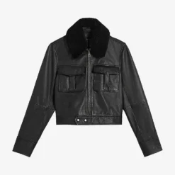 Ted Baker Basile Shearling-collar Leather Harrington Jacket
