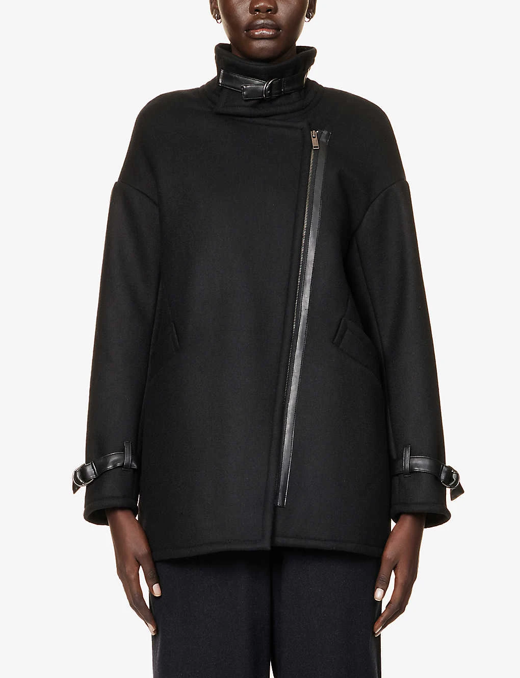 Ikks Asymmetric-zip Faux-leather Detail Woven Coat - Image 3