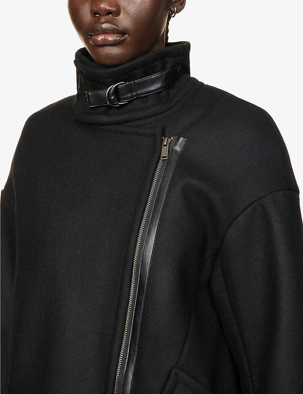 Ikks Asymmetric-zip Faux-leather Detail Woven Coat - Image 5