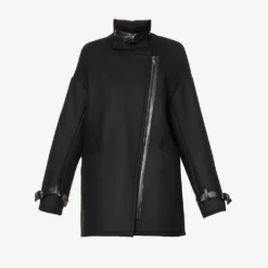 Ikks Asymmetric-zip Faux-leather Detail Woven Coat