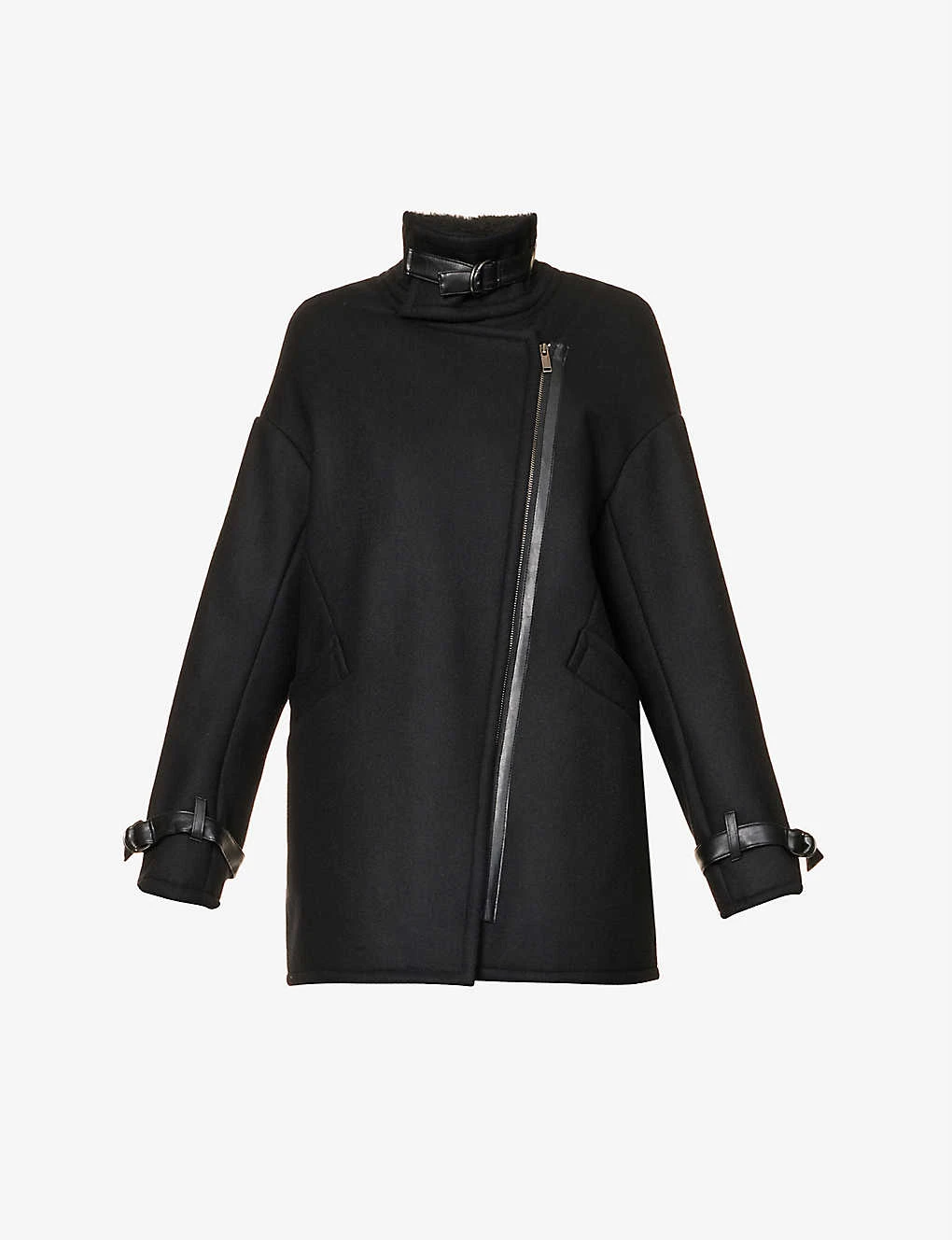 Ikks Asymmetric-zip Faux-leather Detail Woven Coat
