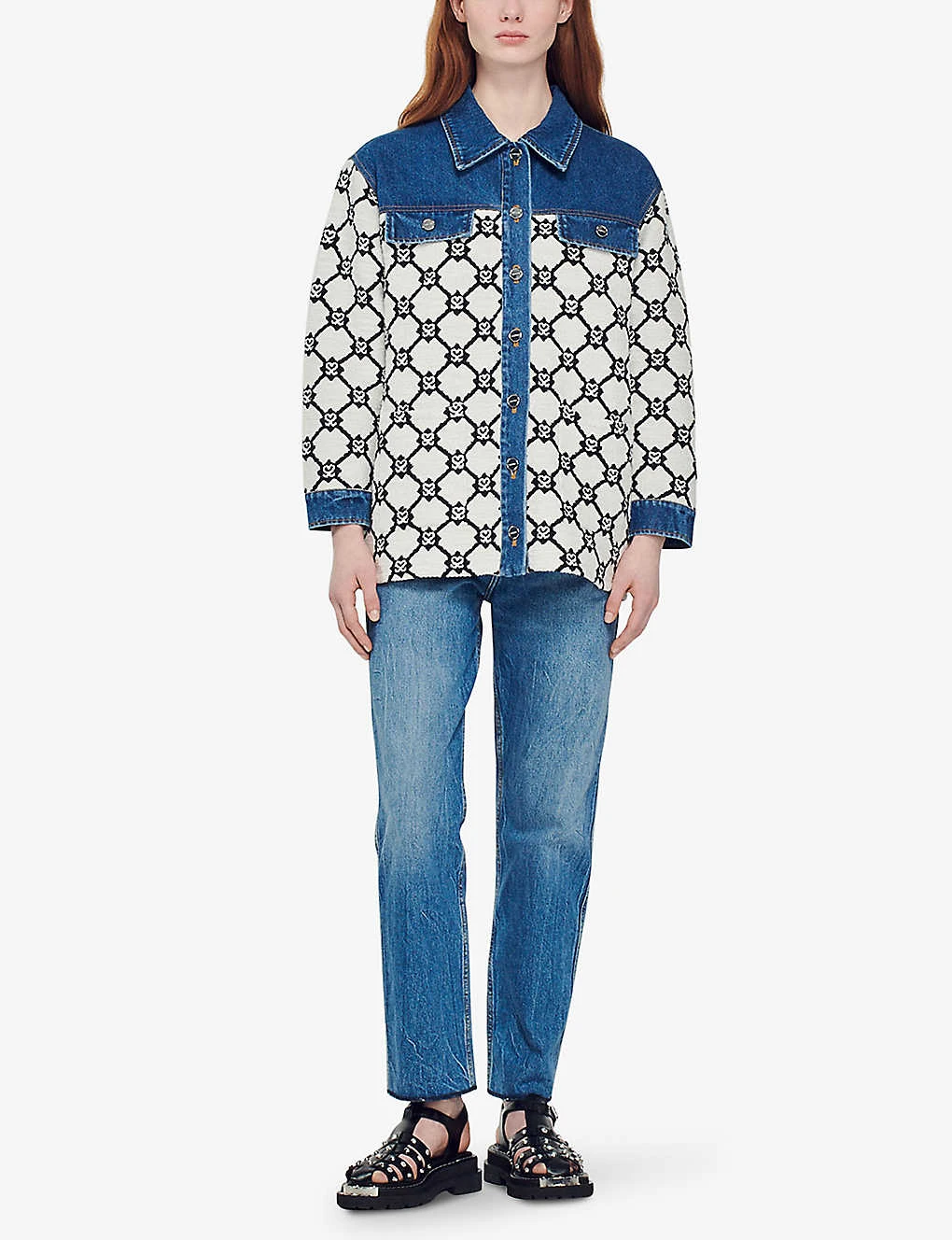 Sandro Monogram-intarsia Tweed-knit And Denim Jacket - Image 2