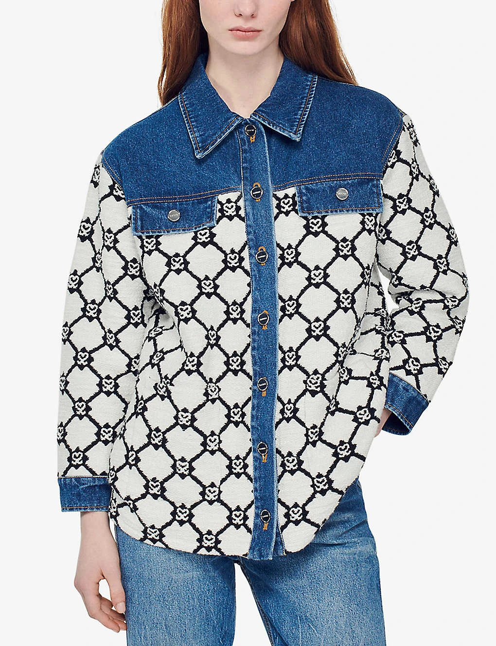 Sandro Monogram-intarsia Tweed-knit And Denim Jacket - Image 3