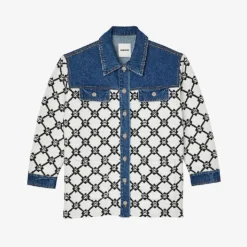 Sandro Monogram-intarsia Tweed-knit And Denim Jacket