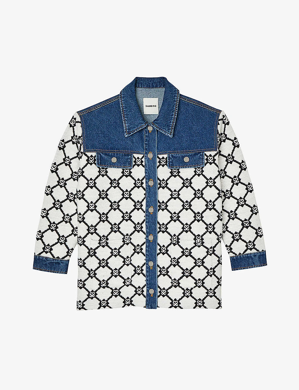 Sandro Monogram-intarsia Tweed-knit And Denim Jacket
