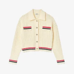 Sandro Khalis Striped-trim Scalloped-edge Cotton-blend Cardigan