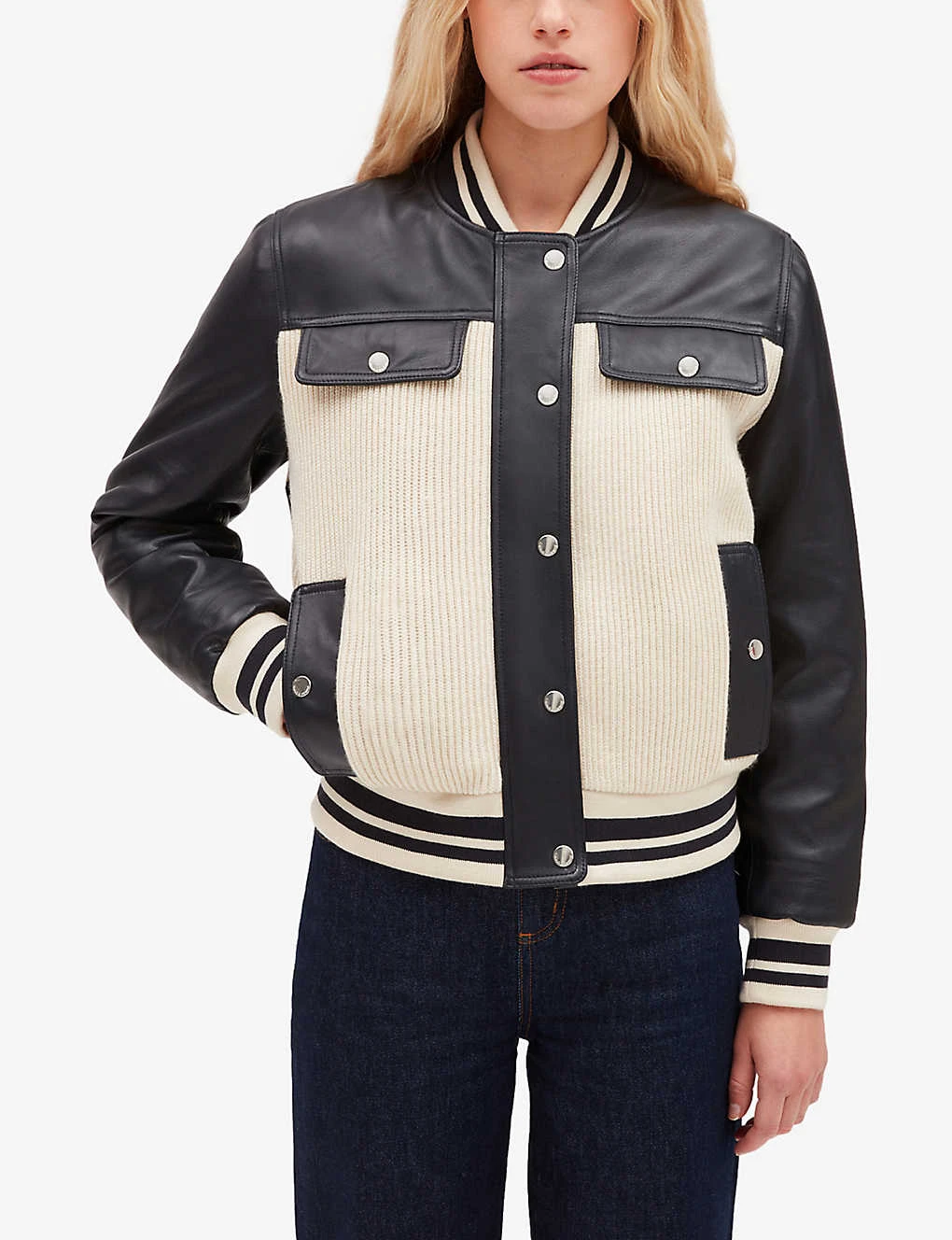 CLAUDIE PIERLOT Contrast Panelled Leather And Knit Bomber Jacket - Image 5