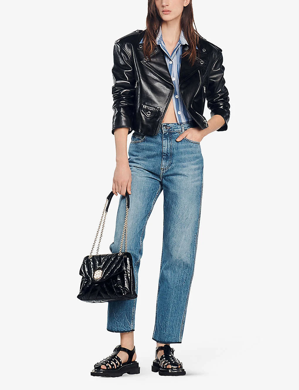 Sandro Jillan Cropped Padded-shoulder Leather Biker Jacket - Image 2