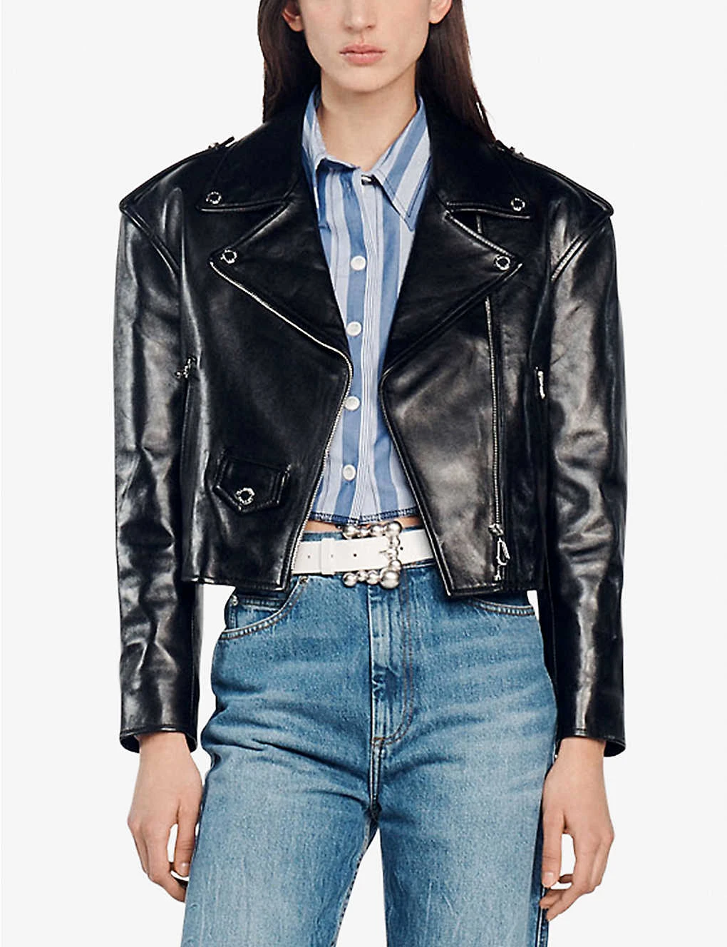 Sandro Jillan Cropped Padded-shoulder Leather Biker Jacket - Image 3
