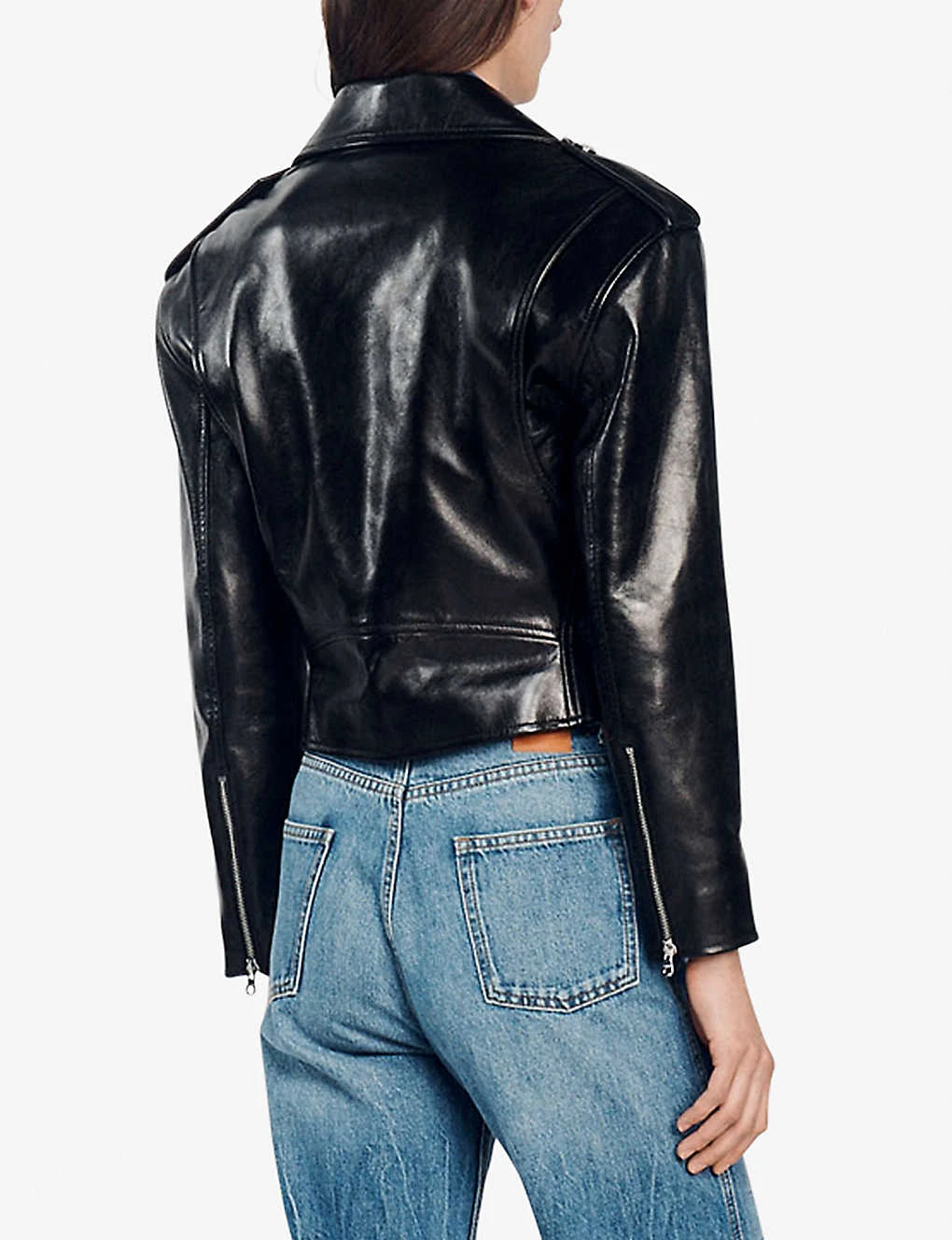 Sandro Jillan Cropped Padded-shoulder Leather Biker Jacket - Image 4