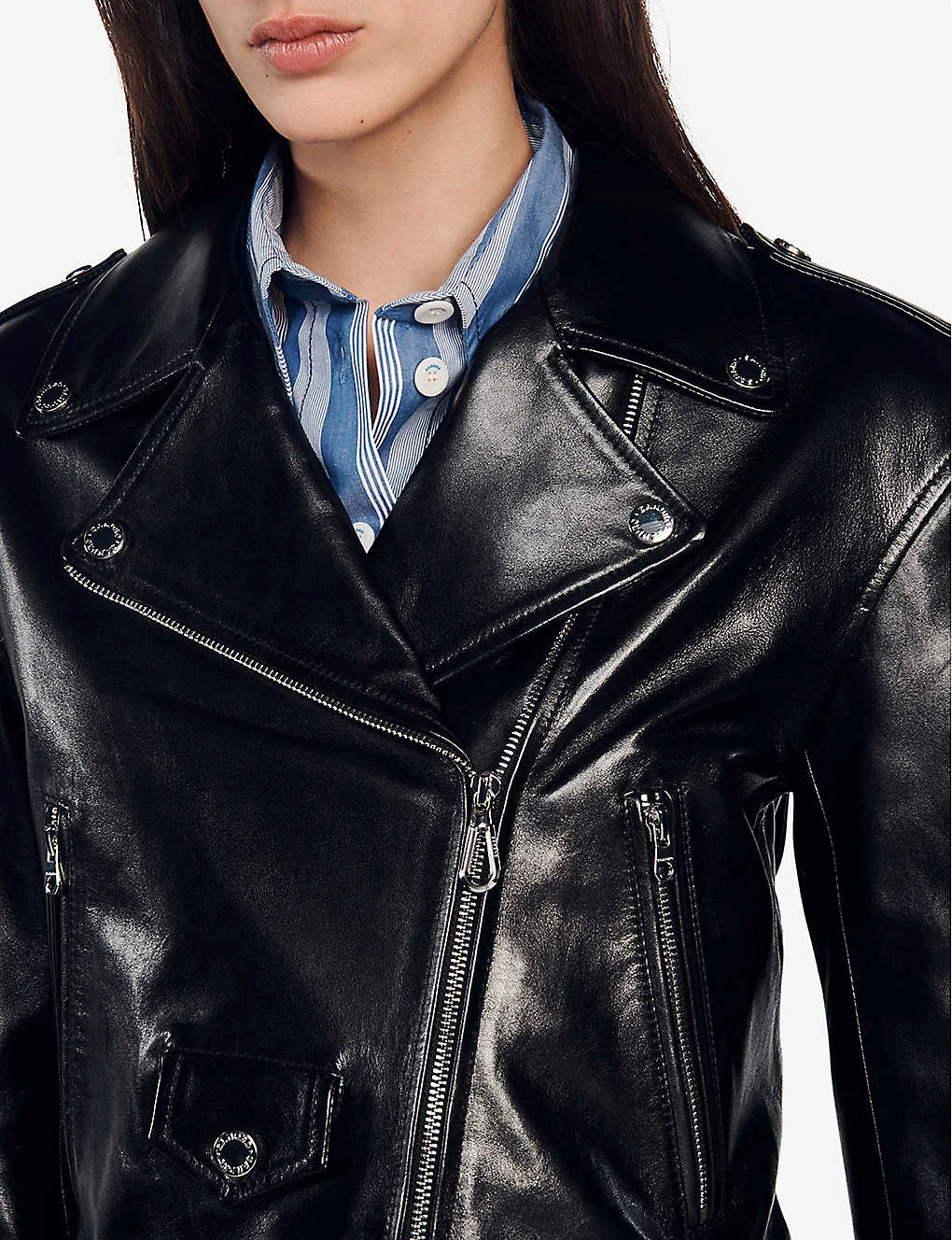 Sandro Jillan Cropped Padded-shoulder Leather Biker Jacket - Image 5