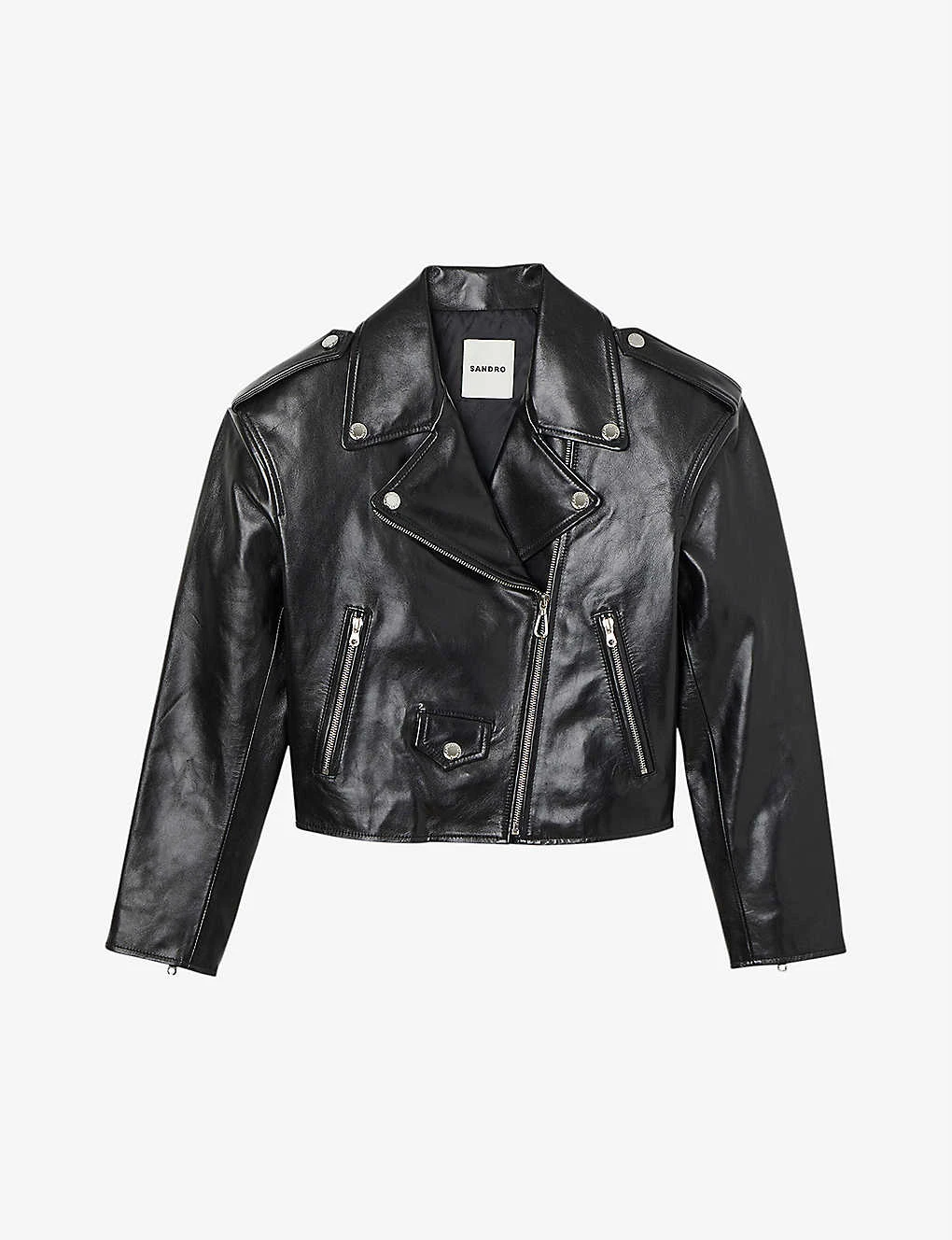Sandro Jillan Cropped Padded-shoulder Leather Biker Jacket