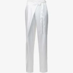 Wrap-over Structured-waist Straight-leg High-rise Stretch-satin Trousers