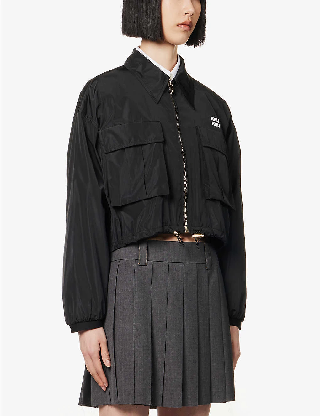 Miu Miu Brand-embroidered Drawstring-hem Recycled Polyester And Silk-blend Jacket - Image 3