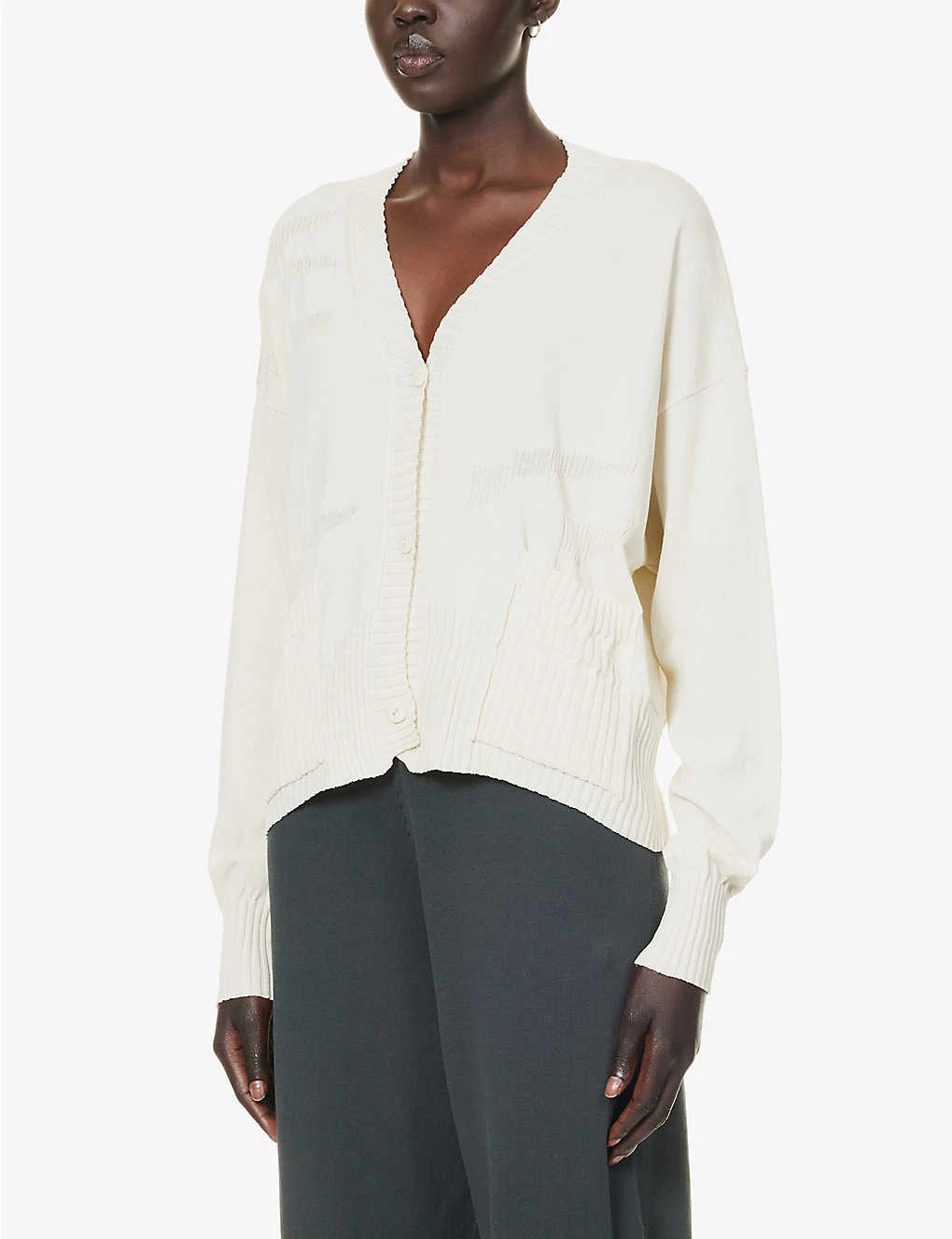 V-neck Patch-pocket Cotton Knitted Cardigan - Image 3