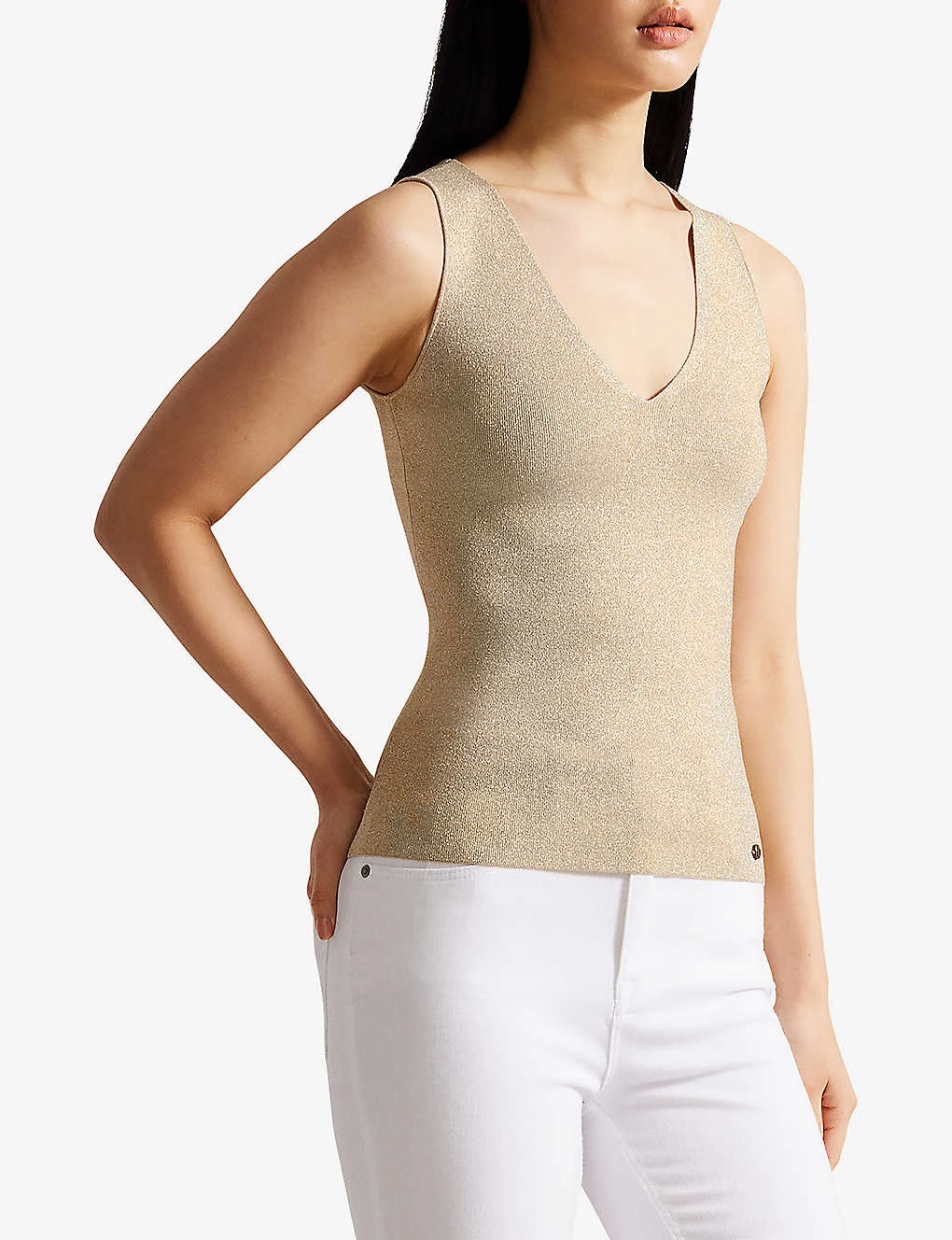 Ted Baker Metallic-thread Round-neck Stretch-knit Vest Top - Image 3
