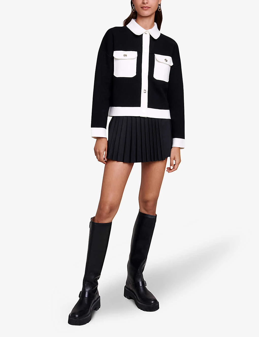 Maje Cropped Contrasting Knitted Cardigan - Image 2