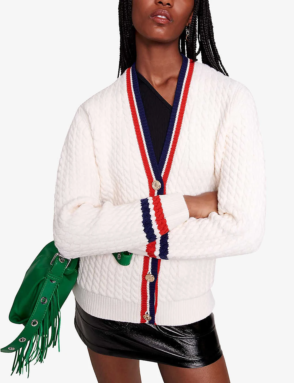 Maje Medhi V-neck Contrast-trim Stretch-knit Cardigan - Image 5